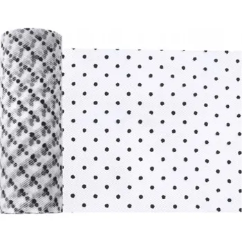 Svatební dekorace Partydeco dekorační tyl 15 cm x 9 m bílý s černými puntíky - aranžérský materiál na svatební výzdoby