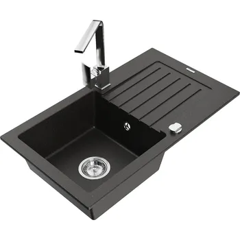 Granitový dřez MEXEN/S - Pablo granitový dřez 1-miska s odkapávačem včetně baterie Rita, černý/zlatý metali 6510-75-670300-00