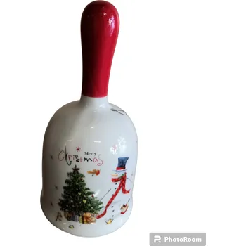 Vánoce Keramický zvoneček - Vánoční stromeček se sněhulákem 14.5 cm