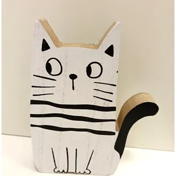 Velikonoční dekorace Kočička dřevěná pruhovaná - bílo - černá - 19 cm