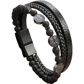 Náramek Joy-sperky Pánský kožený náramek vícevrstvý Life Tree s korálky Láva Délka: 22 cm