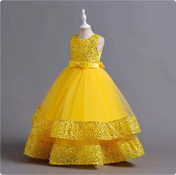 Dámské šaty Čína Elegantní dívčí večerní (společenské) šaty s flitry Barva: Žlutá, Velikost: 150 (10-11 let)