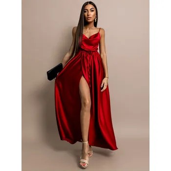 Dámské šaty Červené lesklé elegantní šaty YASMINE s rozparkem