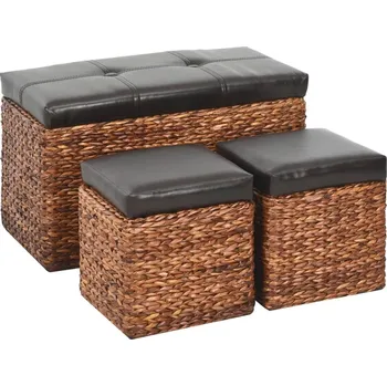 Taburet Lavice se 2 taburety z mořské trávy hnědá/černá