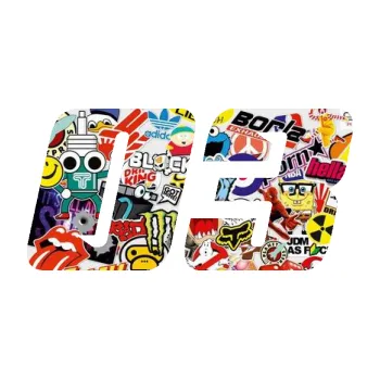 Polep vozidla Startovní číslo 03 typ 6 (83 - Sticker bomb) SAMOLEPKA NA AUTO, NÁLEPKA, FÓLIE, POLEP, TUNING, VLASTNÍ TEXT, TISK, AUTOSAMOLEPKY.cz, POLEPY, OBRÁZEK, LOGO, 3D STICKERS