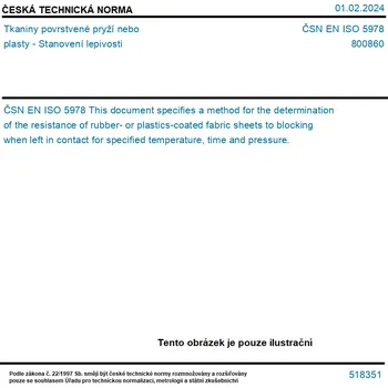 ČSN EN ISO 5978 - Tkaniny povrstvené pryží nebo plasty - Stanovení lepivosti - Tisk