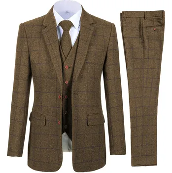 Pánský tvídový oblek 3v1 kalhoty, sako a vesta Barva: Hnědá, Velikost: 3XL