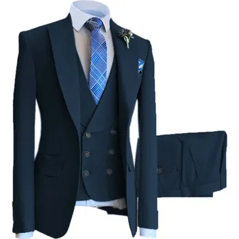 Luxusní svatební oblek na svatbu s dvouřadou vestou Barva: Tmavě Modrá, Velikost: 4XL