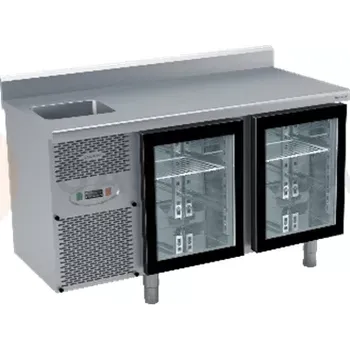 Chaldící stůl s agregátem, skleněnými dveřmi, dřezem zadní lištou a okapovou lištou 1325x700x850 mm | DORA METAL, DM-S-91005