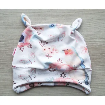 Kojenecká čepice AMÁLKA Elastická čepička teplákovina celotisk ptáčci, květy Velikost: 56-62