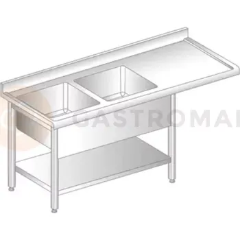 Nerezový dřez Stůl přístěnný z nerezové oceli s místem na myčku, 2 dřezy, poličkou zadní lištou a okapovou lištou 2200x600x850 mm | DORA METAL, DM-S-3273