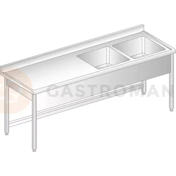 Nerezový dřez Stůl přístěnný z nerezové oceli s 2 dřezy, zadní lištou a okapovou lištou 1800x700x850 mm | DORA METAL, DM-S-3010