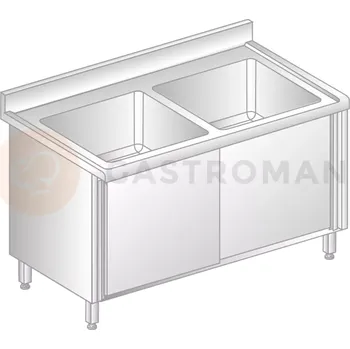 Nerezový dřez Stůl přístěnný z nerezové oceli s 2 dřezy, skříňkou s posuvnými dveřmi, zadní lištou a okapovou lištou 1500x600x850 mm | DORA METAL, DM-S-3226
