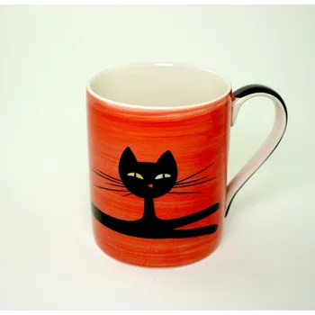 Stolování Červený hrnek s kočkou a ptáčkem (Hrnek z jemné kameniny - kočka, ptáček)