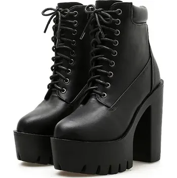 Dámské kozačky Kotníkové boty na vysokém podpatku se šněrováním Barva: Černá, Velikost: 38