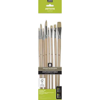 Umělecký štětec Pébéo Sada 8 ks dlouhých kulatých a plochých štětců White Bristle