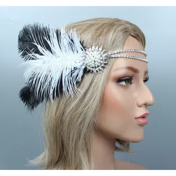 Souprava šperků B-TOP Čelenka do vlasů s kamínky a peřím ve VINTAGE stylu - bílá/ černá