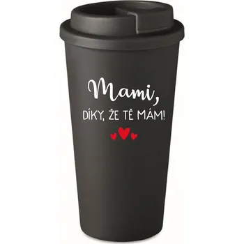 Termohrnek MAMI, DÍKY, ŽE TĚ MÁM! - černý termohrnek 475 ml