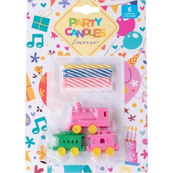Svíčka Emocio Dortové svíčky 6 ks + 3 ks držáků vláček mix 36 gram