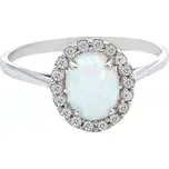 Prsten z bílého zlata, ovál s opálem a zirkony 2,14g