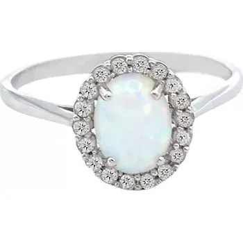 Prsten Prsten z bílého zlata, ovál s opálem a zirkony 2,14g