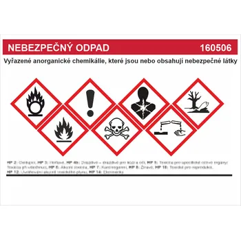 Nebezpečný odpad 160507 - Vyřazené anorganické chemikálie, ..... samolepící vinylová fólie A6 (148 x 105 mm)