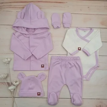 Kojenecká souprava Sada do porodnice 5D, body, polodupačky, kabátek, čepička, rukavičky, lila, Velikost koj. oblečení 62 (2-3m)