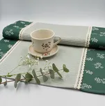 Běhoun tmavě zelený kanafas pruhy a kytičky s krajkou Vzor kanafasu: Proužky 3mm, Běhouny sešívané: 43x200cm