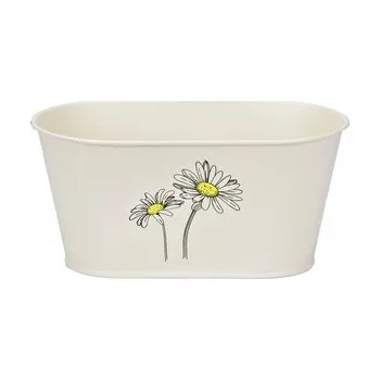 Květináč Plechový oválný květináč krémový s kopretinou 11x23x13 cm