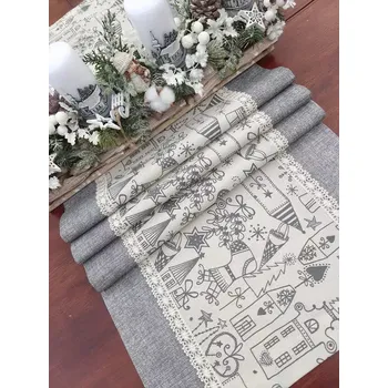 ubrus Běhoun vánoční - šedá vánoční vesnička na béžové