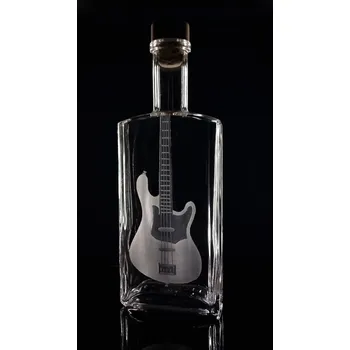 Sklenice lahev na kořalku 0,5l s rytinou el. basové kytary - ručně ryté (broušené) dárková krabička, dárek pro hudebníka