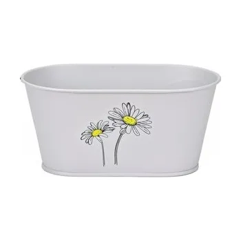 Květináč Plechový oválný květináč šedý s kopretinou 11x23x13 cm