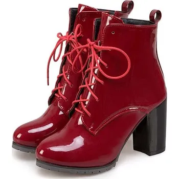 Dámské kozačky Lakované boty šněrovací na podpatku GoodDayGirl Barva: Červená, Velikost: 41