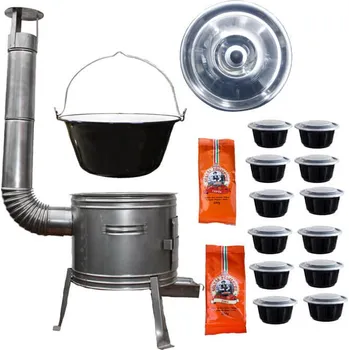 Kempingové nádobí Smaltovaný kotlík 22 L (1,2 mm) + nerezová kotlina 42 cm TOPLUX + misky 12 ks + 2 x pepř na guláš 100 g