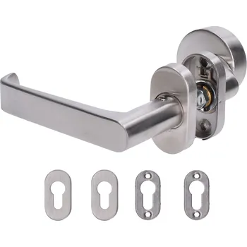 klika LEVÁ + koule oválná VYHNUTÁ pevná, včetně dolní rozety - nerezová klika / koule, balení: 1 ks klika, 1 ks koule, 2 ks dolní oválná rozeta, broušená nerez AISI304, vhodné i do venkovního prostředí