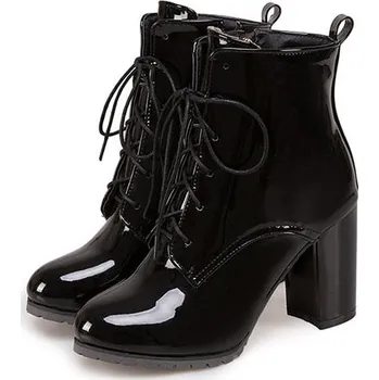 Dámské kozačky Lakované boty šněrovací na podpatku GoodDayGirl Barva: Černá, Velikost: 44