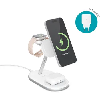 Mobilní telefon MagSafe bezdrátová nabíječka Epico 3v1 nabíjecí stojánek Made for MagSafe s adaptérem v balení - bílý