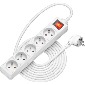 Elektrická zásuvka AlzaPower prodlužovací přívod 230V 5 zásuvek vypínač 5m bílý