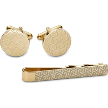 Spona na kravatu Sada kravatové spony a manžetových knoflíčků ve zlaté barvě s geometrickým vzorem - Trendhim