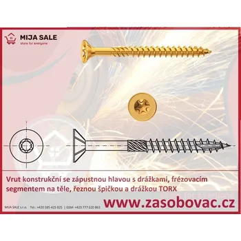 Vrut P 5x120 Vrut konstrukční se zapuštěnou hlavou frézovacím segmentem na těle, zinek bílý