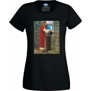 Dámské tričko Ježíš potřebuje peníze (Skladem XS-4XL) (Velikost: 4XL, Barva: Černá)