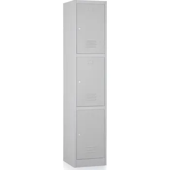 Šatní skříň Kovová šatní skříňka - 3 boxy, 38 x 45 x 185 cm, cylindrický zámek, šedá - ral 7035