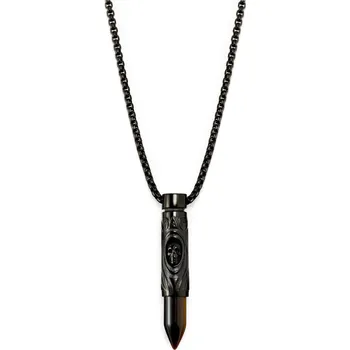 Náhrdelník Rico černý náhrdelník s přívěskem ve tvaru náboje s bílým tygřím okem a lebkou - Arkai