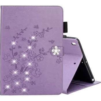 Pouzdro na mobilní telefon Flipové pouzdro květiny a bílé krystaly pro iPad 10,2" (2019-2021) / Air 3 (2019) / Pro 10,5" - fialové