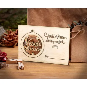 Vánoční dekorace Dřevia Dřevěné Vánoční přání s vylamovací ozdobou - Nápis Veselé Vánoce