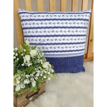 Povlak na dekorativní polštářek Povlak na polštář 40 x 40 cm – Květy v pruzích s modrou režnou | Ruční výroba z bavlny
