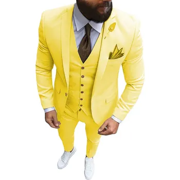 Pánský oblek Svatební pánský oblek 3v1 Tuxedo sako, vesta a kalhoty Barva: Žlutá, Velikost: 3XL