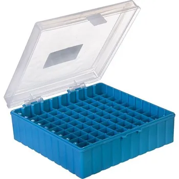 Box skladovací s víkem, pro vialky o průměru 12 mm, Barva: Modrá, Počet míst: 100, Rozměry [mm]: 141 x 151 x 53