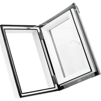 Okno SKLADOVÁ-OKNA.cz Skladová okna Plastový střešní výlez PREMIUM 550×780 "bílá" - šedé oplechování (7043), otevírání levé, 550/780 mm