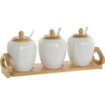 Kuchyňský gril Cukřenka DKD Home Decor Bílá Přírodní Bambus Porcelán 31 x 9 x 7 cm 3 ks + stojan